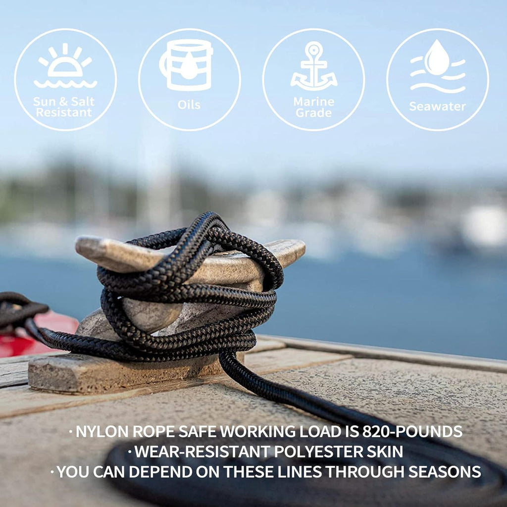 Boat Fender Lines 2 Pack 3/8" X 6FT- Boat Bumper Line Double Braided Nylon Fender Rope with 5" Eyelet Mooring Marine Rope for Boats Line & One End Can Be Spliced with Fenders to Used, Black