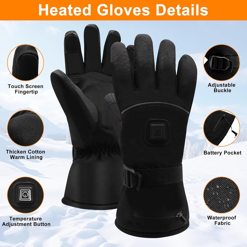 Electric Rechargeable Battery Heated Gloves - Waterproof Touchscreen for Outdoor Sports, Hiking, Skiing, Running, Work