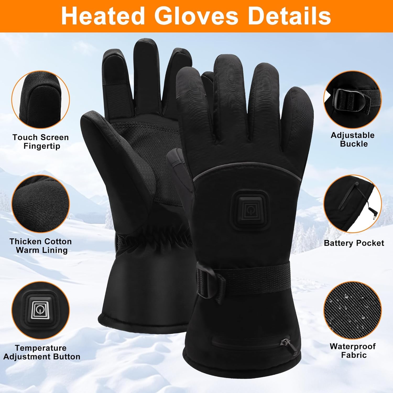 Electric Rechargeable Battery Heated Gloves - Waterproof Touchscreen for Outdoor Sports, Hiking, Skiing, Running, Work