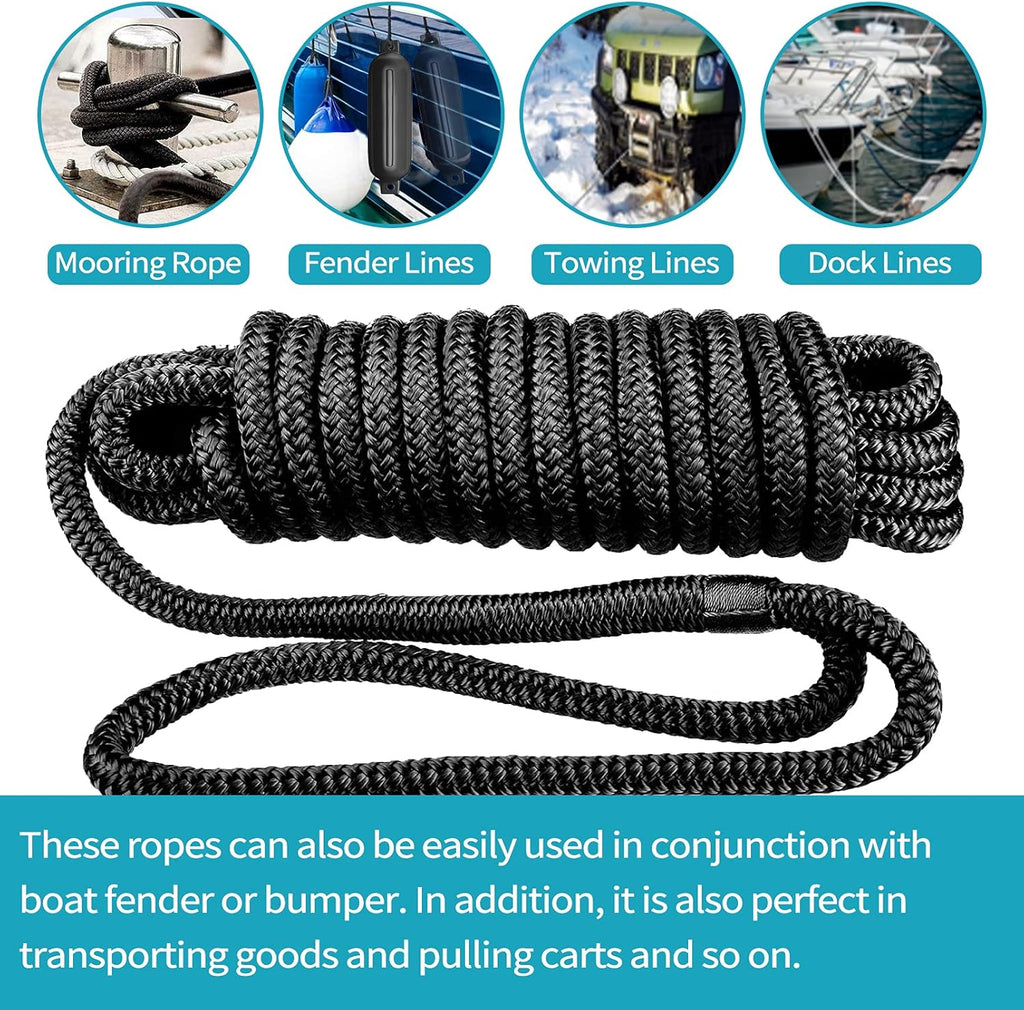 Boat Fender Lines 2 Pack 3/8" X 6FT- Boat Bumper Line Double Braided Nylon Fender Rope with 5" Eyelet Mooring Marine Rope for Boats Line & One End Can Be Spliced with Fenders to Used, Black