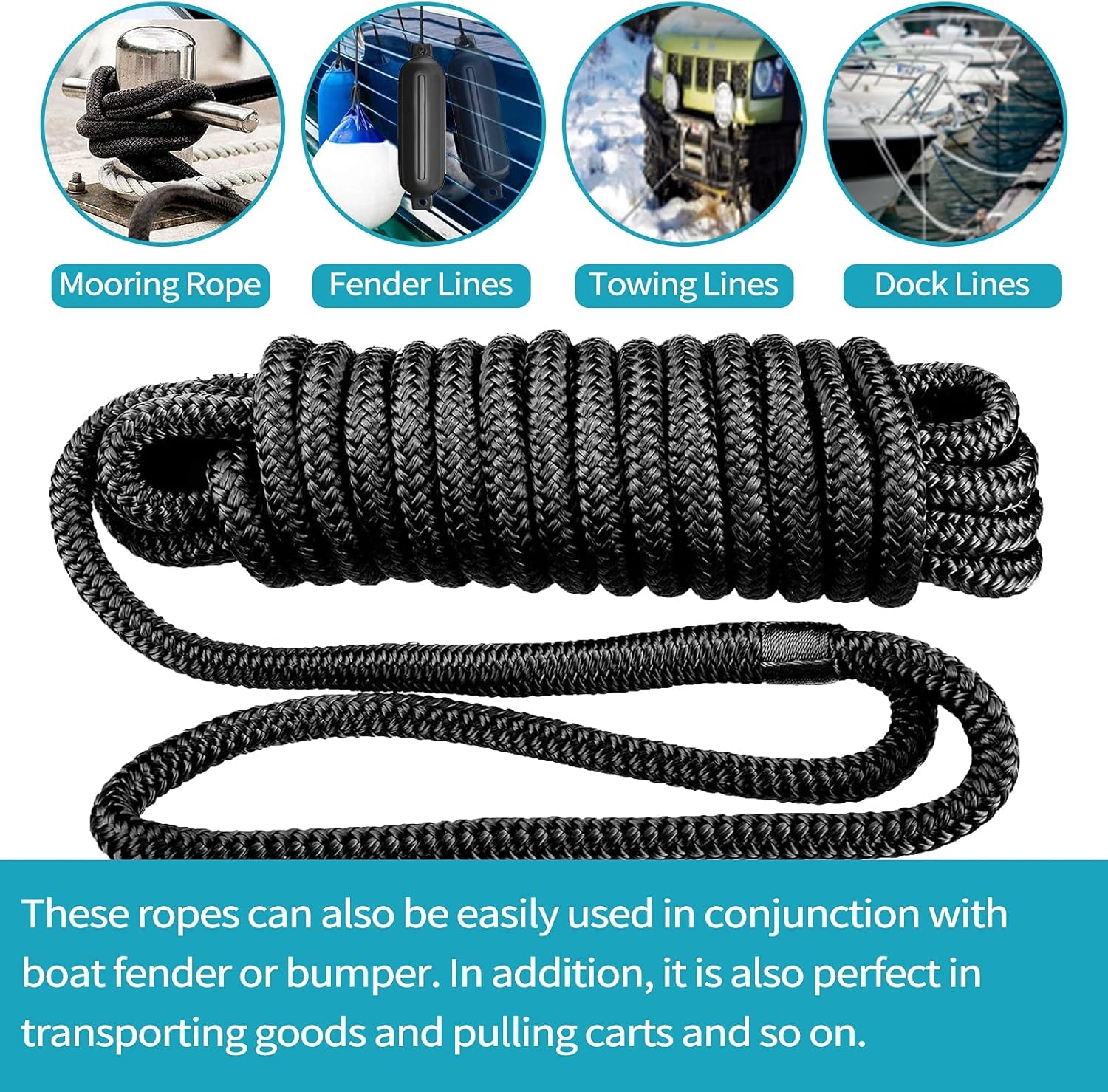 Boat Fender Lines 2 Pack 3/8" X 6FT- Boat Bumper Line Double Braided Nylon Fender Rope with 5" Eyelet Mooring Marine Rope for Boats Line & One End Can Be Spliced with Fenders to Used, Black