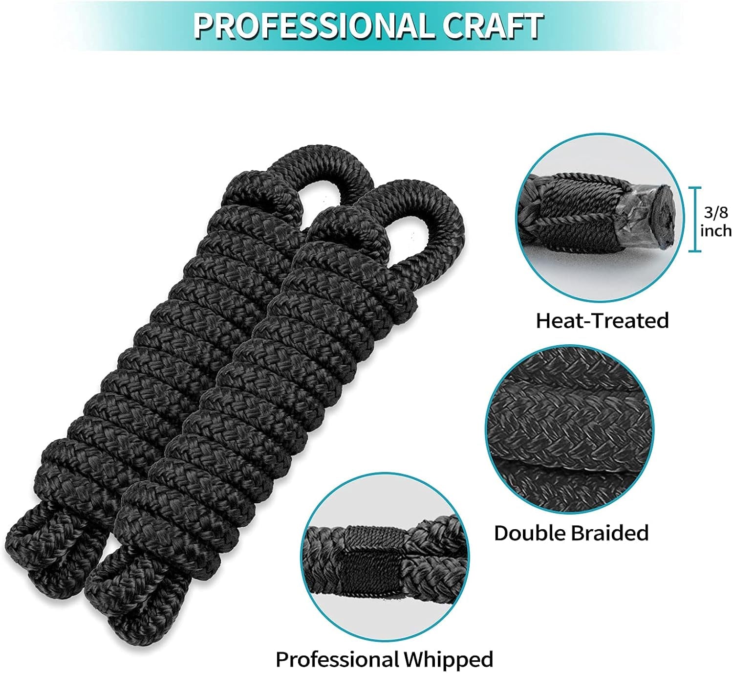 Boat Fender Lines 2 Pack 3/8" X 6FT- Boat Bumper Line Double Braided Nylon Fender Rope with 5" Eyelet Mooring Marine Rope for Boats Line & One End Can Be Spliced with Fenders to Used, Black