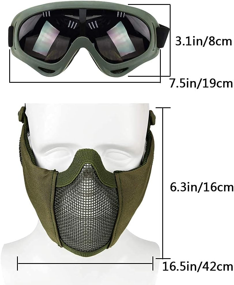 Airsoft Protective Gear Set, Half Face Mesh Mask with Ear Protection and Tactical Goggles for Adult Men Women BBS Paintball Shooting CS Survival Games Cosplay