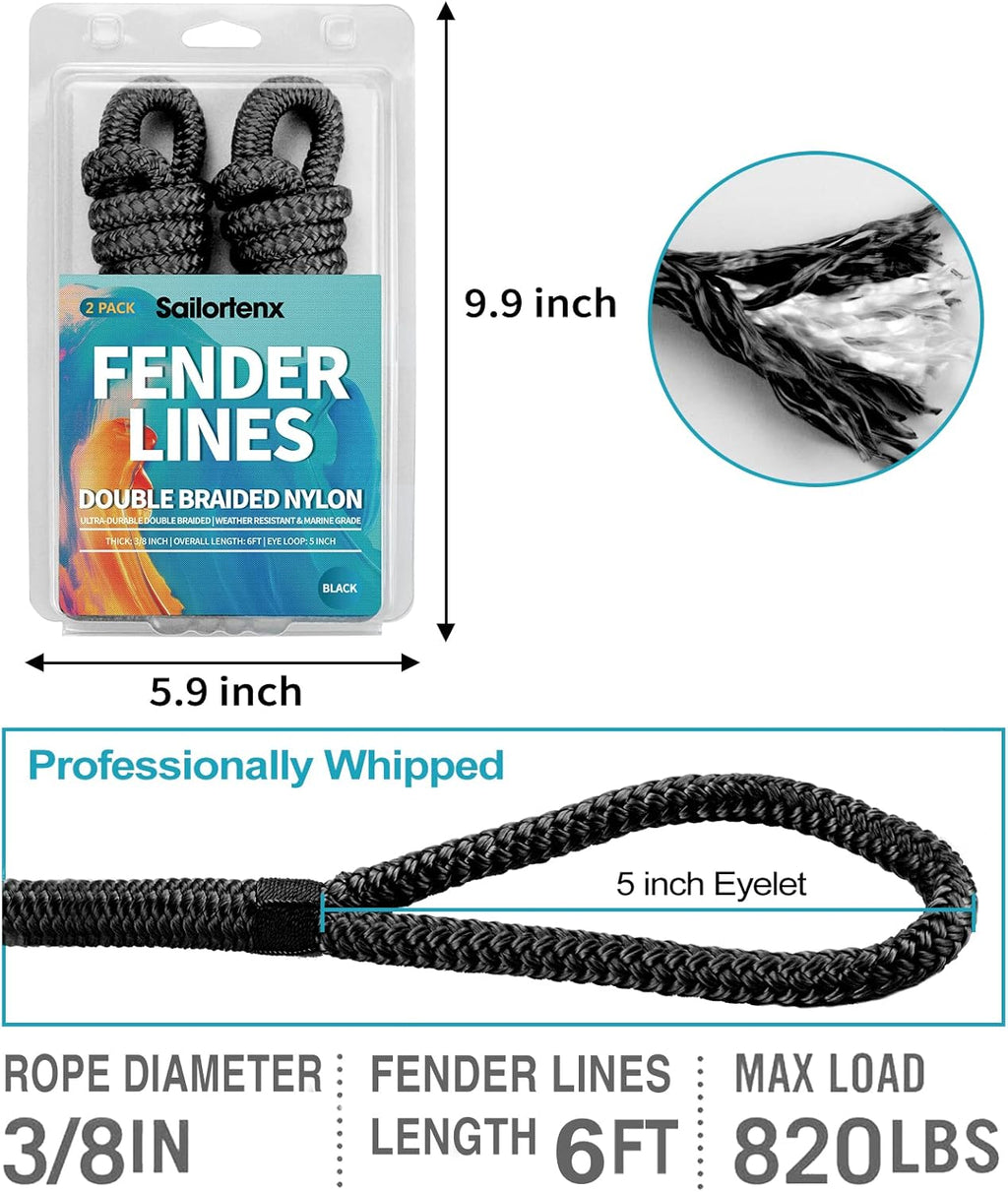 Boat Fender Lines 2 Pack 3/8" X 6FT- Boat Bumper Line Double Braided Nylon Fender Rope with 5" Eyelet Mooring Marine Rope for Boats Line & One End Can Be Spliced with Fenders to Used, Black
