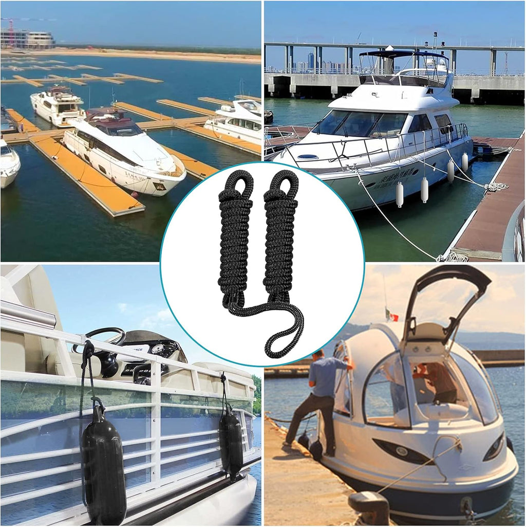 Boat Fender Lines 2 Pack 3/8" X 6FT- Boat Bumper Line Double Braided Nylon Fender Rope with 5" Eyelet Mooring Marine Rope for Boats Line & One End Can Be Spliced with Fenders to Used, Black