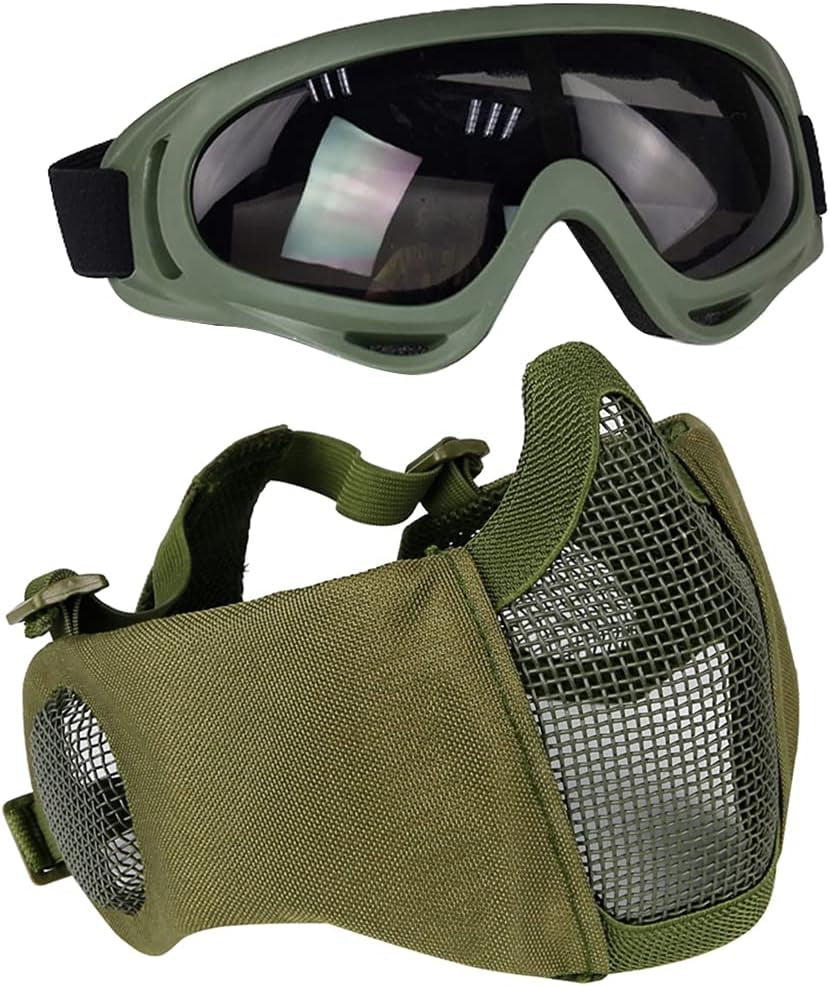 Airsoft Protective Gear Set, Half Face Mesh Mask with Ear Protection and Tactical Goggles for Adult Men Women BBS Paintball Shooting CS Survival Games Cosplay