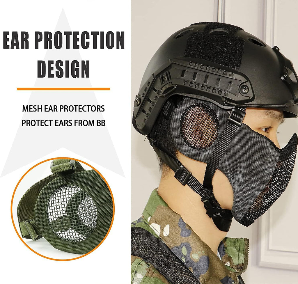 Airsoft Protective Gear Set, Half Face Mesh Mask with Ear Protection and Tactical Goggles for Adult Men Women BBS Paintball Shooting CS Survival Games Cosplay