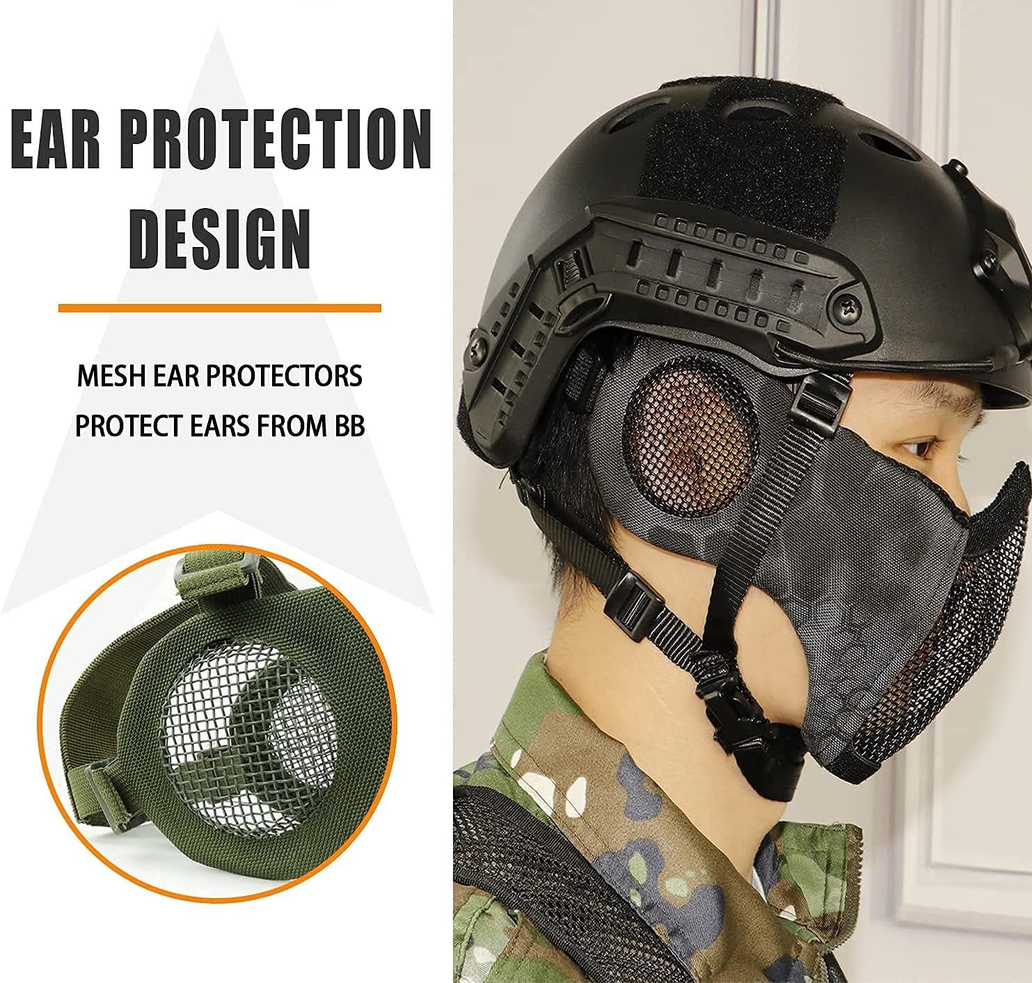 Airsoft Protective Gear Set, Half Face Mesh Mask with Ear Protection and Tactical Goggles for Adult Men Women BBS Paintball Shooting CS Survival Games Cosplay