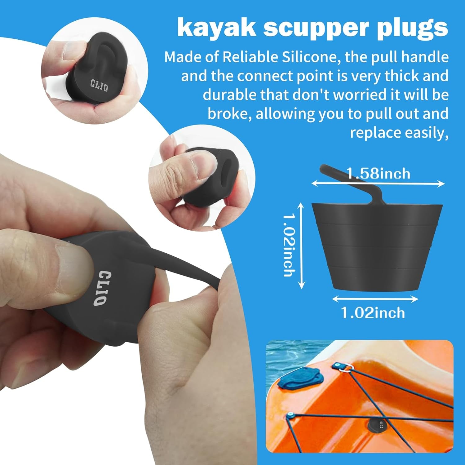 4 Pcs Kayak Scupper Plugs Kit and 8 Feet Kayak Bungee Cord with Bungee Cord Hooks Fishing Rigging D-Ring Cord J-Hooks with Screws for Kayak Boat Canoe Outfitting Fishing Camping Kayak Deck Rigging Kit