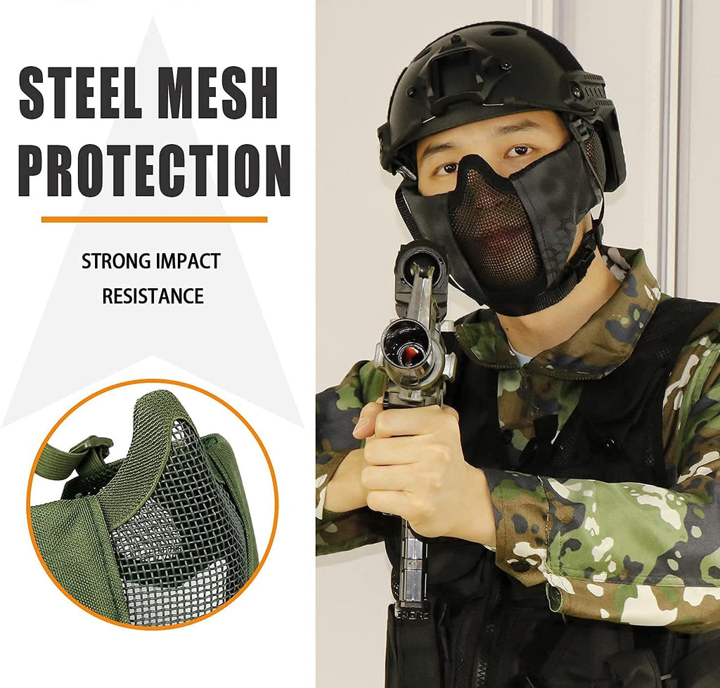 Airsoft Protective Gear Set, Half Face Mesh Mask with Ear Protection and Tactical Goggles for Adult Men Women BBS Paintball Shooting CS Survival Games Cosplay