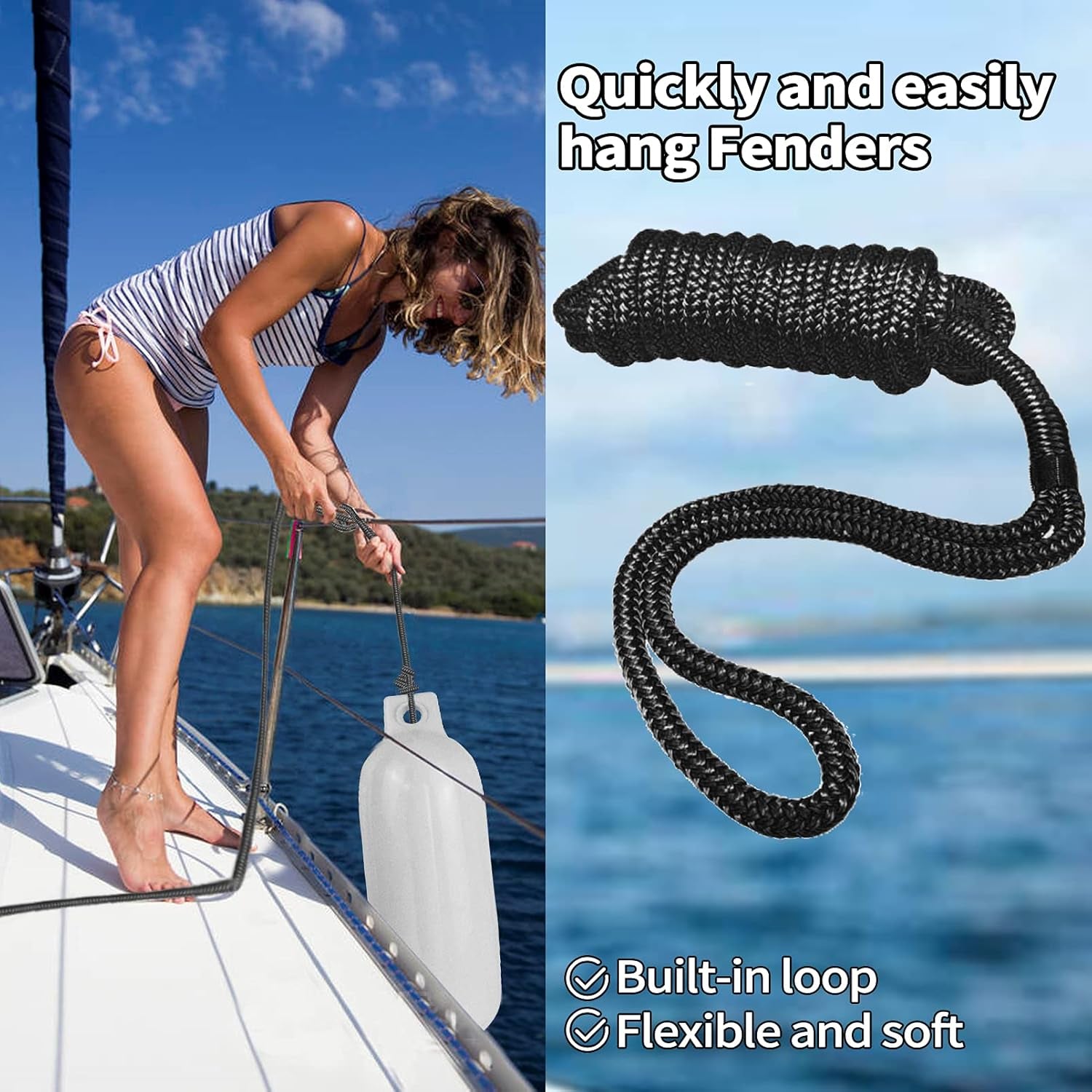 Boat Fender Lines 2 Pack 3/8" X 6FT- Boat Bumper Line Double Braided Nylon Fender Rope with 5" Eyelet Mooring Marine Rope for Boats Line & One End Can Be Spliced with Fenders to Used, Black