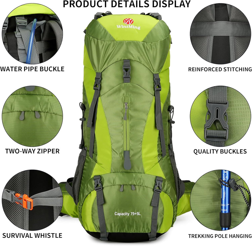 75L Hiking Backpack with Rain Cover Waterproof Camping Backpack Shoes Warehouse for Men Women, Frameless
