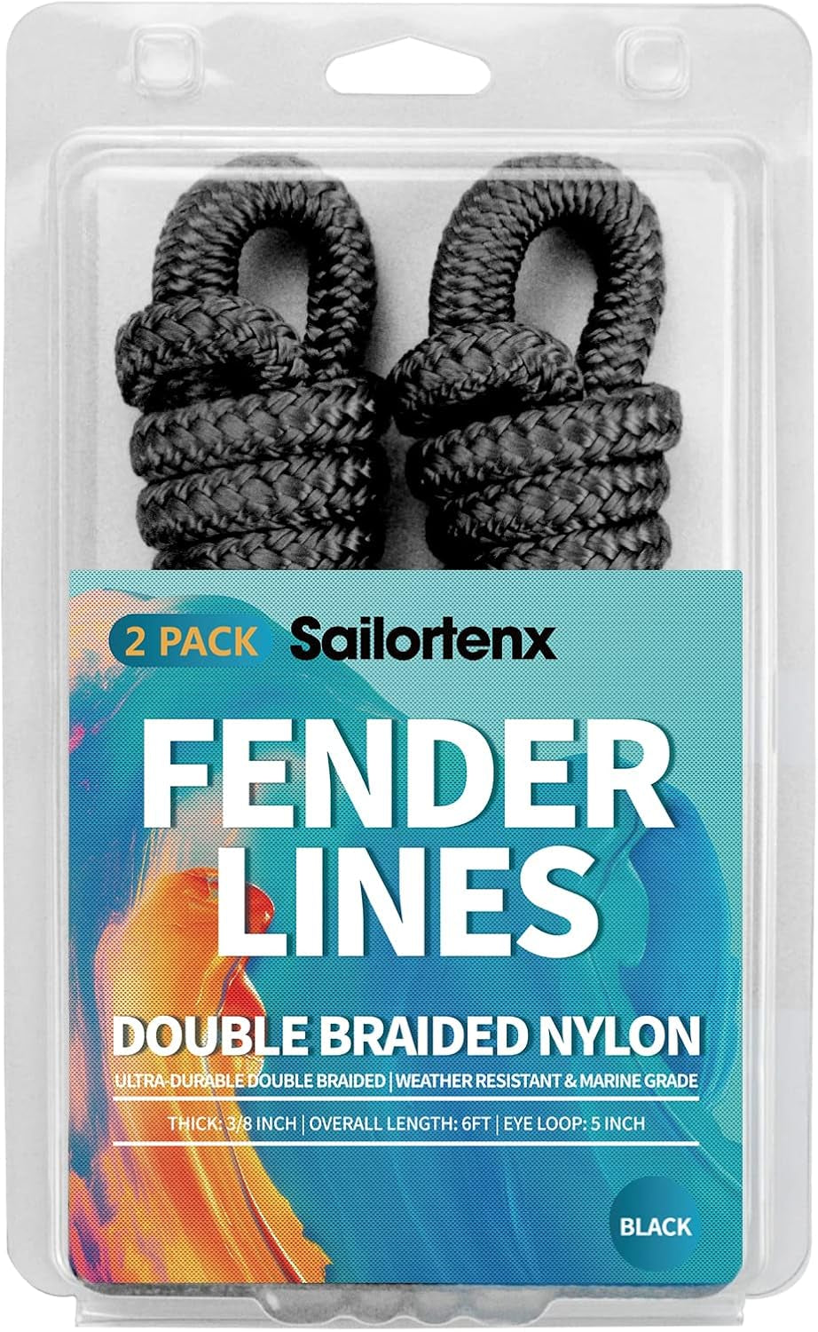 Boat Fender Lines 2 Pack 3/8" X 6FT- Boat Bumper Line Double Braided Nylon Fender Rope with 5" Eyelet Mooring Marine Rope for Boats Line & One End Can Be Spliced with Fenders to Used, Black